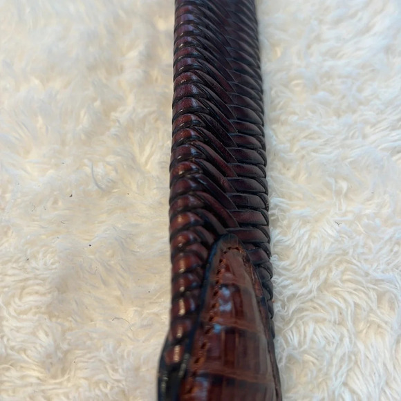 Vintage Brown Belt Sz 34 Fishtail Braided Fullgrain Leather Reptile Brass Buckle - Picture 13 of 16